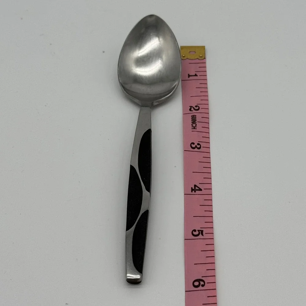 Vintage MCM Stainless Steel Teaspoon Black Leaf Accent 6